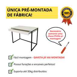Mesa Escrivaninha com Gaveta Estilo Industrial Moderna 100% Mdf e Aço:branco com Preto - 3