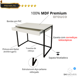 Mesa Escrivaninha com Gaveta Estilo Industrial Moderna 100% Mdf e Aço:branco com Preto - 4