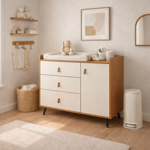 Cômoda Trocador Infantil Carol com 3 Gavetas e 1 Porta Nature com Offwhite - Rede Móveis