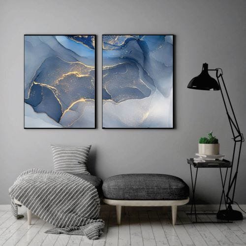 CONJUNTO KIT 2 QUADROS DECORATIVOS SALA QUARTO ABSTRATO AZUL E CINZA HEMATITA - 1
