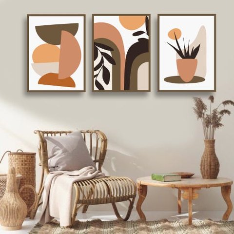 Conjunto Kit 3 Quadros Decorativos Quarto Sala Abstrato Tons Terrosos Nature