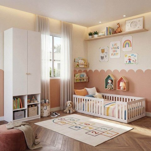 Quarto Montessoriano Cama Giulia e Guarda-Roupa Curió 2 Portas Casatema MadeiraOriginals Branco