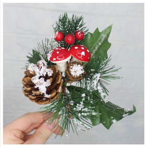 Kit 6 Ramos Cogumelo Decoração Natal Artificial com Detalhes Branco 17cm