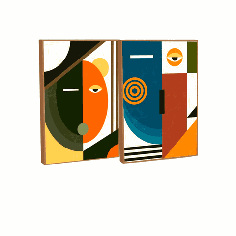 Quadro Decorativo Cubismo Abstrato em 2 Telas com Moldura Filete