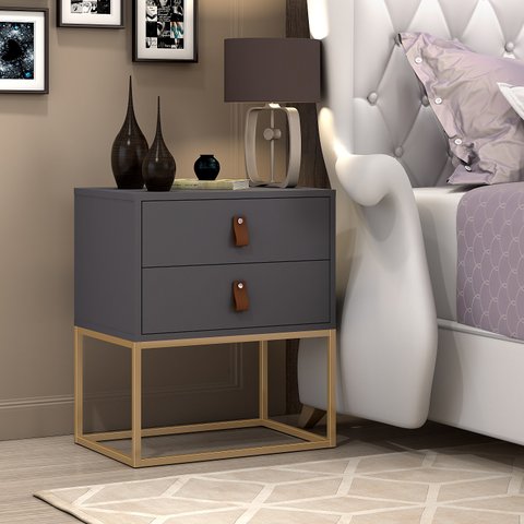 Mesa De Cabeceira 45cm Unic Pés De Ferro Dourado Puxadores De Couro