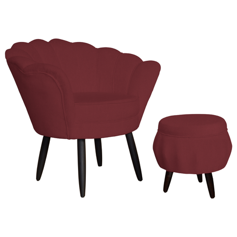 Kit 1 Poltrona Com 1 Puff Pés Palito Salão de Beleza Pétala Suede Vermelho Bordo - LM DECOR