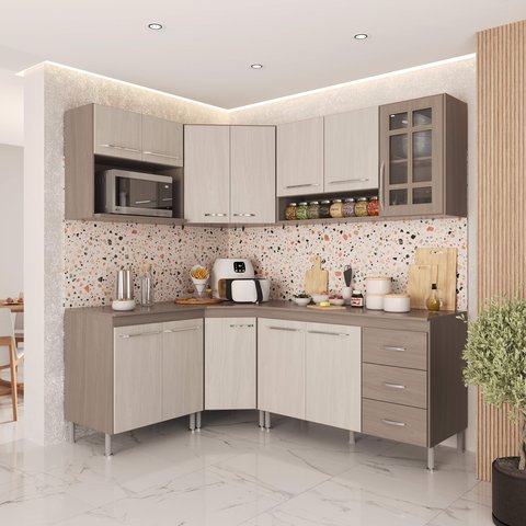 Armário de Cozinha Modulada Completa Fidelitá Paris 6 Peças 340cm 12 Portas 3 Gavetas com Tampo