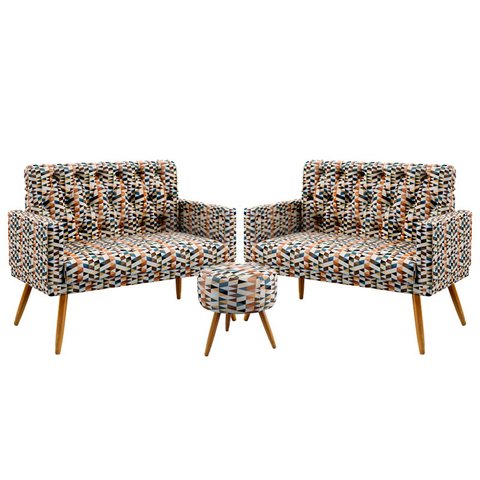 Kit 2 Poltronas Namoradeira Vega Rodapé e Capitonê com Puff Solar Suede Estampado Laranja Aradecor