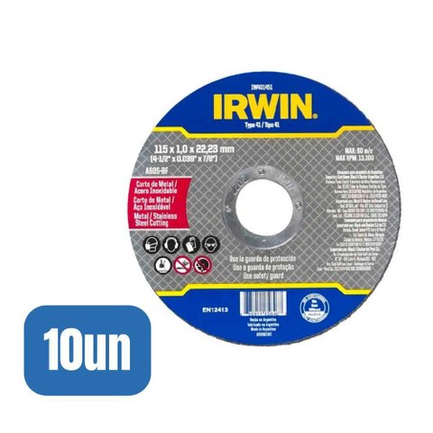 10 Discos Corte Fino Metal/inox 4.1/2x1,0mmx7/8 - Irwin