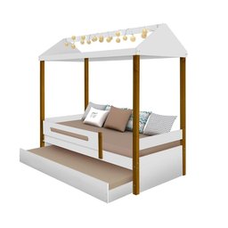 Cama Infantil Casa Montessoriana com Auxiliar e LED Sara Branco e Mel - 1
