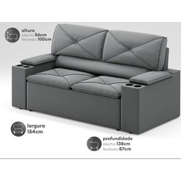 Sofá com Porta Copos Retrátil e Reclinável Pop 1,54m Velosuede Grafite - Netsofas - 2 Sofá com Porta Copos Retrátil e Reclinável Pop 1,54m Velosuede Grafite - Netsofas - 2