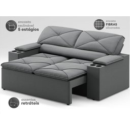 Sofá com Porta Copos Retrátil e Reclinável Pop 1,54m Velosuede Grafite - Netsofas - 3 Sofá com Porta Copos Retrátil e Reclinável Pop 1,54m Velosuede Grafite - Netsofas - 3