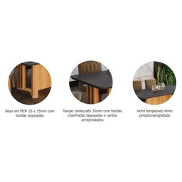 Kit Conjunto Sala De Jantar Mesa Tampo Vidro MDF 180 Cm Com 6 Cadeiras Marrom Madeira Preto Cinza - 6