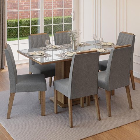 Conjunto Sala de Jantar Tampo de Vidro 6 Cadeiras Rustic/Cinza/Silver Azaleia Madesa