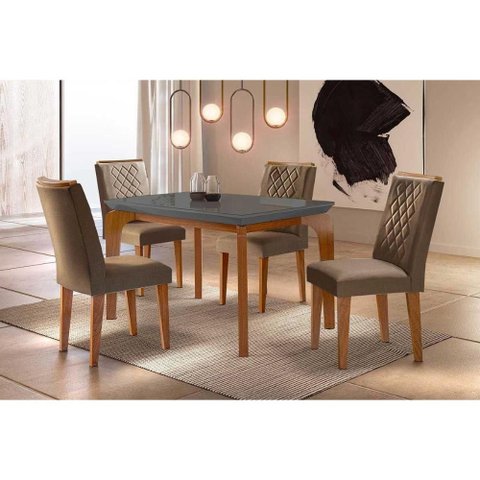 Conjunto: Mesa Sala Jantar Londrina C/ Tampo Madeirado C/ Vidro Canto Curvo 120x80cm e 4 Cadeiras