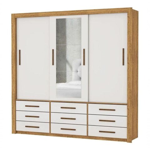 Armareo Roupeiro Anjos 3 Portas com Espelho Central 9 Gavetas Carioca Moveis Cinamomo-Off White