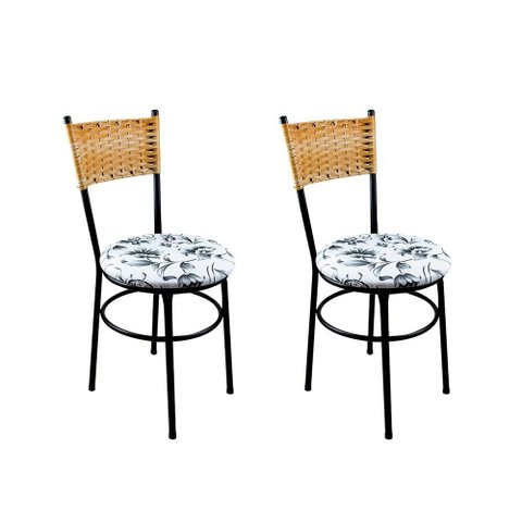 2 Cadeiras Pretas para Cozinha Viena Palha:Floral Branco