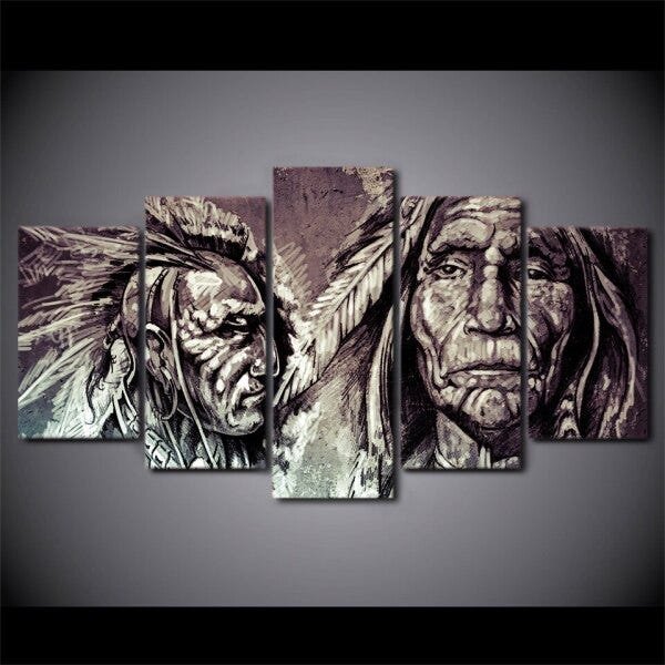 QUADROS DECORATIVOS 5 PEÇAS INDIOS CACIQUE DESENHOS ANTIGOS - 1