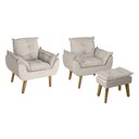 Ver imagem 1 de Kit 02 Poltrona/cadeira Decorativa e Puff Glamour Opala com Pés Quadrado Bege