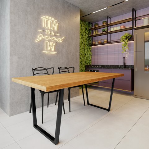 Mesa Industrial Lanna Madeira Maciça com Ferragem Preta 2,00m