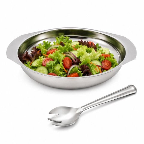 Conjunto Salada 2 Pecas Inox Saladeira Cumbuca Pegador Mesa Bowl Posta Kit Servir Alimentos Utensili