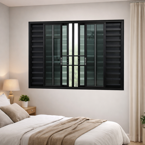Veneziana de Correr 6 Folhas com Grade de Alumínio Preto 100x200