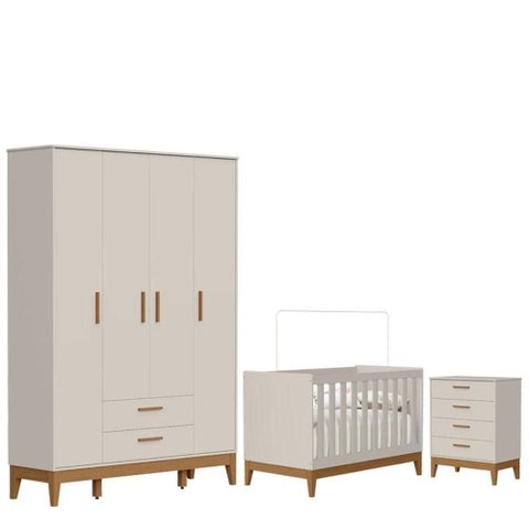 Quarto de Bebê Flip Guarda Roupa 4 Portas e Cômoda Gaveteiro Areia Acetinado - Reller
