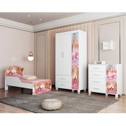 Conjunto Completo para Quarto Infantil Mini Cama com Cômoda e Guarda Roupa 3 Portas Linha Livia:carr - 1