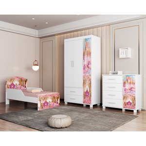 Conjunto Completo para Quarto Infantil Mini Cama com Cômoda e Guarda Roupa 3 Portas Linha Livia:carr