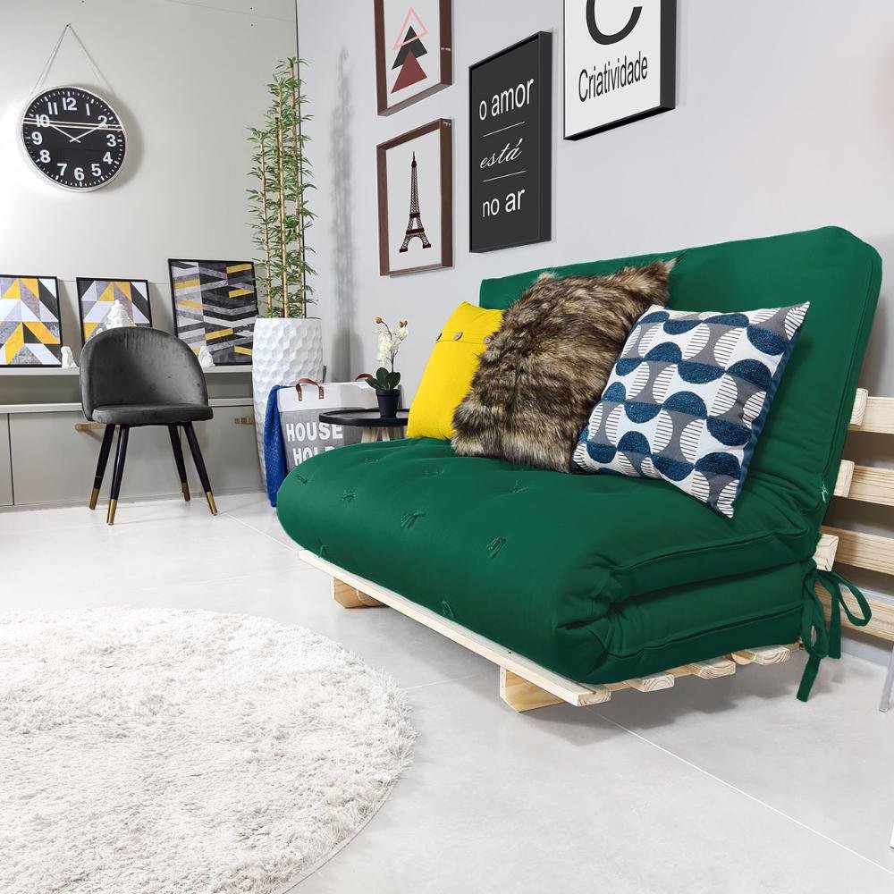 Sofa Cama Casal Futon Oriental Verde Bandeira Com Madeira Maciça