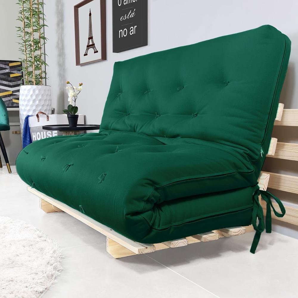Sofa Cama Casal Futon Oriental Verde Bandeira Com Madeira Maciça