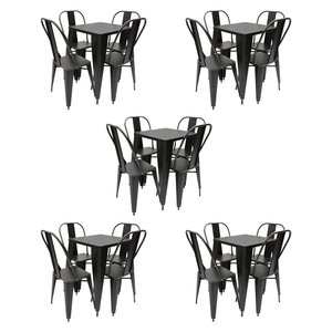 Kit 5 Jogos de Mesa Design Tolix Iron Industrial Preto com 4 Cadeiras