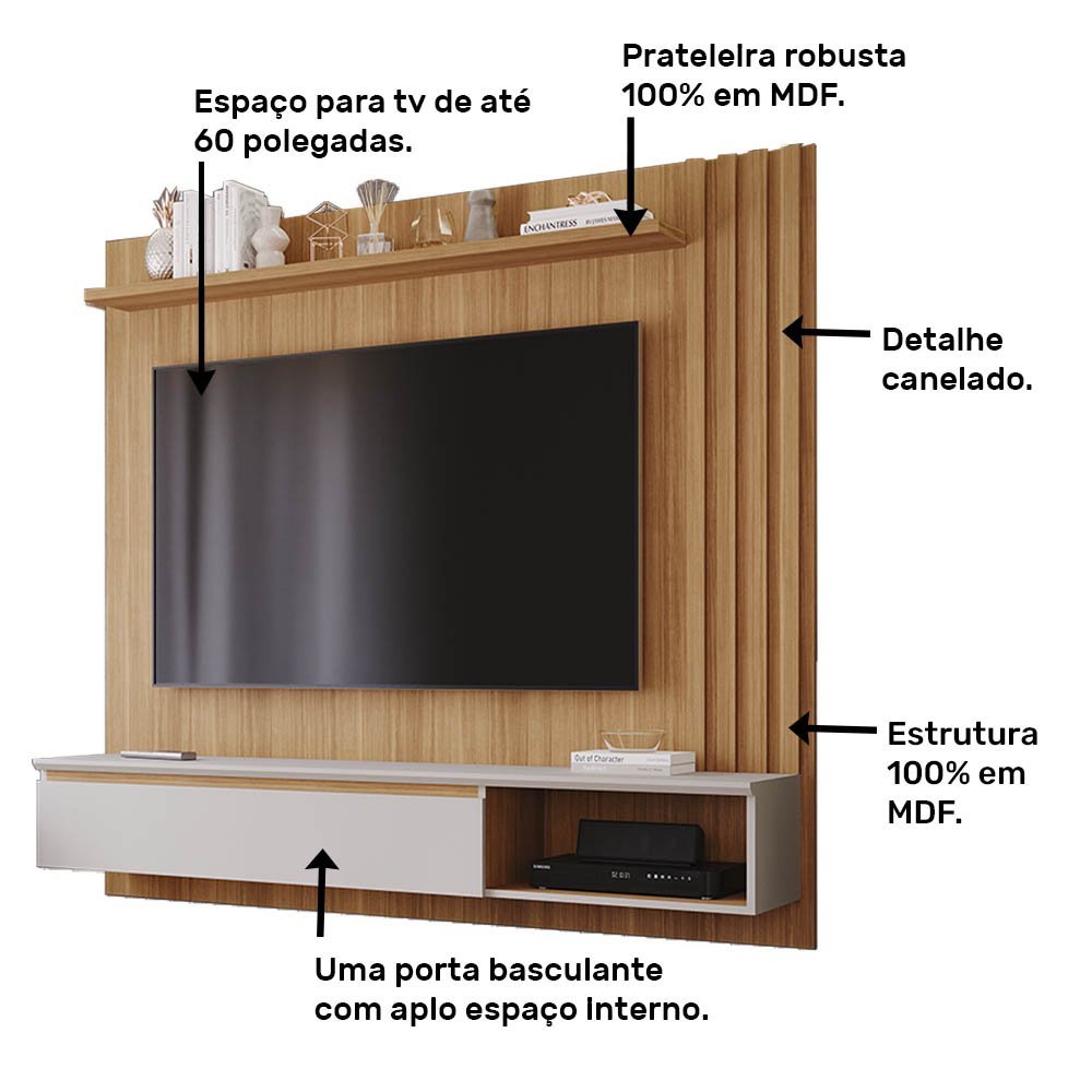 Painel para TV até 60 Polegadas Panamá Plus 100% MDF com 1 Porta Permóbili Nature/Off White - 5