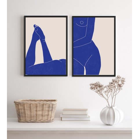 Kit 2 Quadros para Quarto Nú Artistico Azul 33x24cm - com Vidro:madeira Preta
