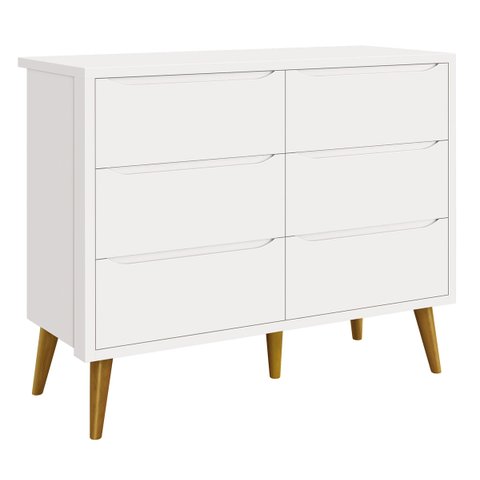 Cômoda 6 Gavetas Théo New Branco Fosco com Madeira - MoveisAqui