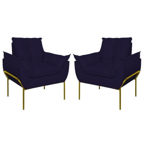 Kit 2 Poltronas Luxo Base Reforçada Metal Dourado Azul Marinho