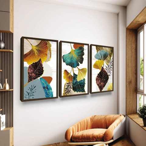 Quadros Decorativos Folhagens Sala Tons Amarelo Azul