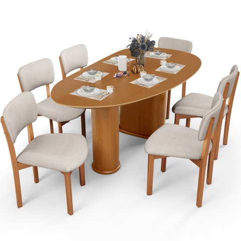Mesa para Sala de Jantar Ourense com 06 Cadeiras Sala de Jantar Dara L02 Linho Cru - Lyam Decor