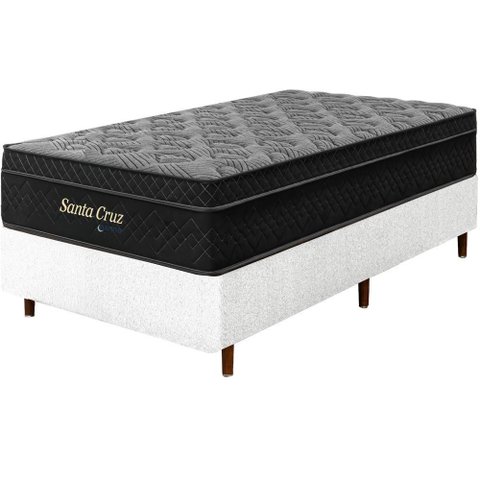Cama Box Branca + Colchão Solteiro King Santa Cruz Preto Molas Ensacadas Euro Pillow 96x203x72cm