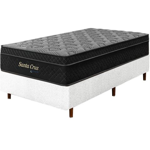 Cama Box Branca + Colchão Solteiro King Santa Cruz Preto Molas Ensacadas Euro Pillow 96x203x72cm