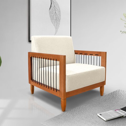 Poltrona Sala de Estar Pés Madeira Maciça Corda Náutica Preta 75cm Manila Linho Off White Rústico G6