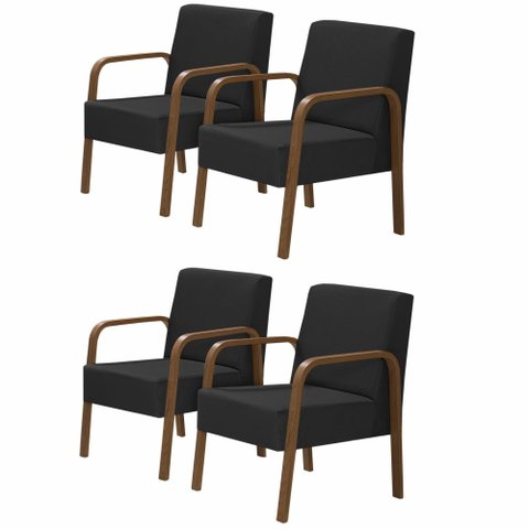 Kit 4 Poltronas Decorativas 1 Lugar Luna Braço Madeira D Salla Suede Preto