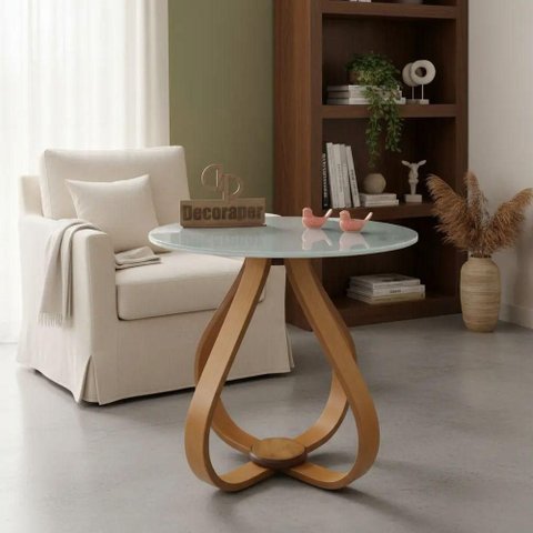 Mesa Lateral Bela Alice Redonda Tampo Vidro MDF 60cm Off White Decoraper
