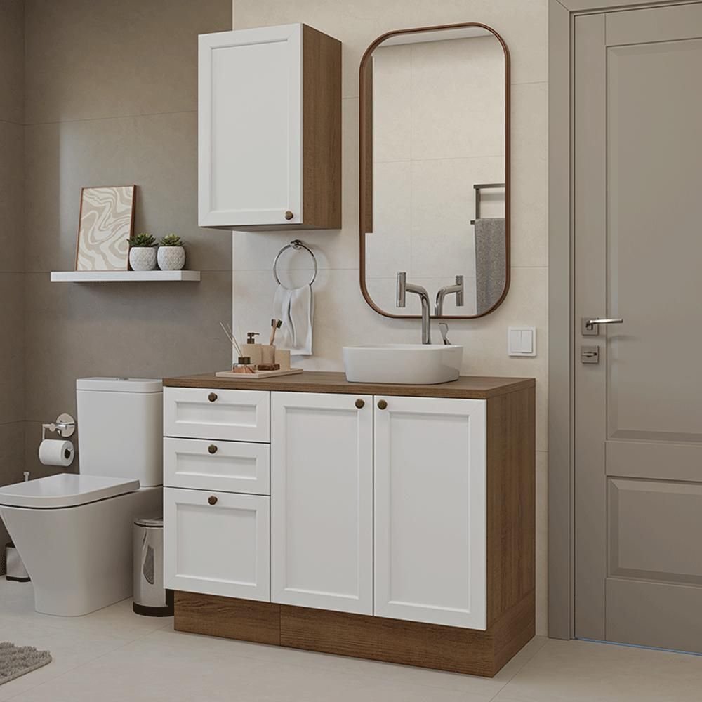 Conjunto Gabinete para Banheiro 110cm 3 Gavetas 3 Portas Rustic/branco ...