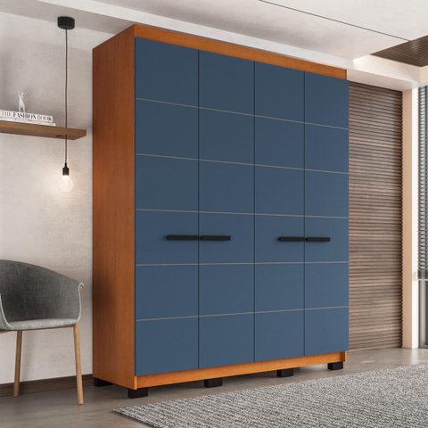 Roupeiro Solteiro Lisboa 4 Portas 4 Gavetas 161x214cm Freijó/Azul 240842