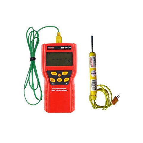 Kit Termômetro Digital Sensor Tipo K Datalogger Manual Hold 1 Canal Th-1600 Portátil Com Sensor Supe