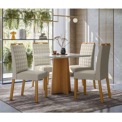 Mesa de Jantar Ambiente Anitta 90x90 Cm com Vidro Ype Off White e 4 Cadeiras Mariana Ype Veludo Nude