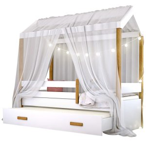 Cama Montessori com Auxiliar Cordão LED e Dossel Branco