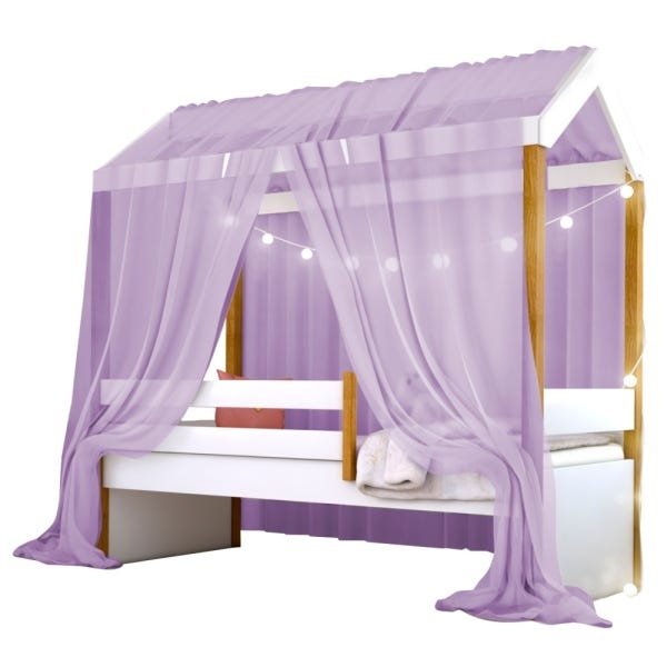 Cama Montessori Cabana com Cordão LED e Dossel Lilás