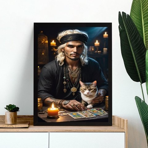 Quadro Cigano com Gato - Tarot 24x18cm - com Vidro:moldura Preta